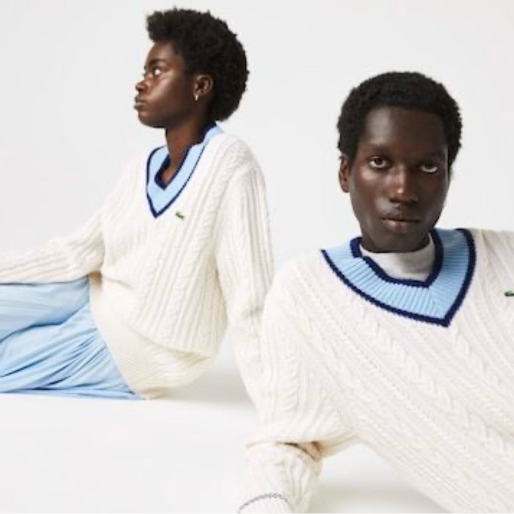 Lacoste unisex Cream V-Neck Sweater with Blue Trim